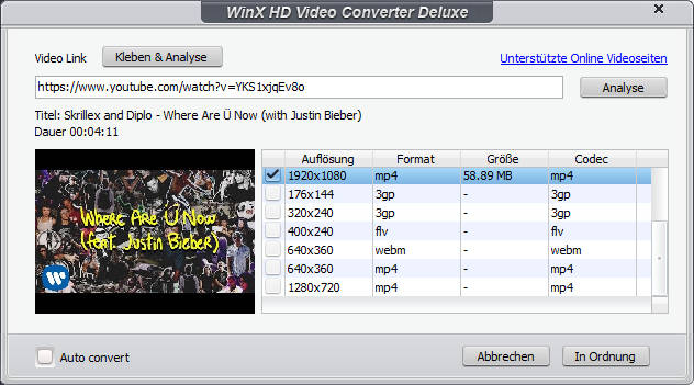 WinXHD Youtube download und konvertieren