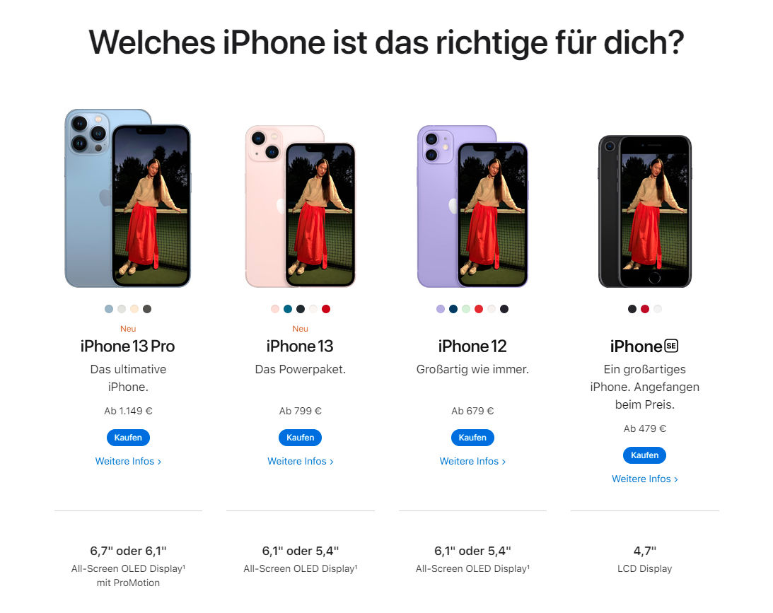 Vier Apple iPhone Modelle im Vergleich.
